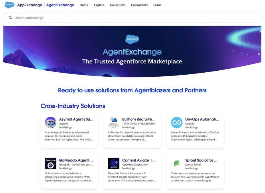 Screenshot of Salesforce AgentExchange Marketplace homepage showcasing cross-industry AI solutions from Salesforce partners like Asymbl, Bullhorn, Copado, GoMeddo, OpenText, and Sprout Social.
